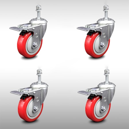 Service Caster 4 Inch SS Red Polyurethane 10mm Threaded Stem Caster Set Total Lock Brake SCC-SSTSTTL20S414-PPUB-RED-M1015-4